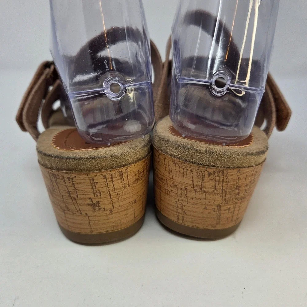 Bjorndal Womens Tan Cognac Strappy Cork Wedge Sandals Hook Loop Closure Size 10